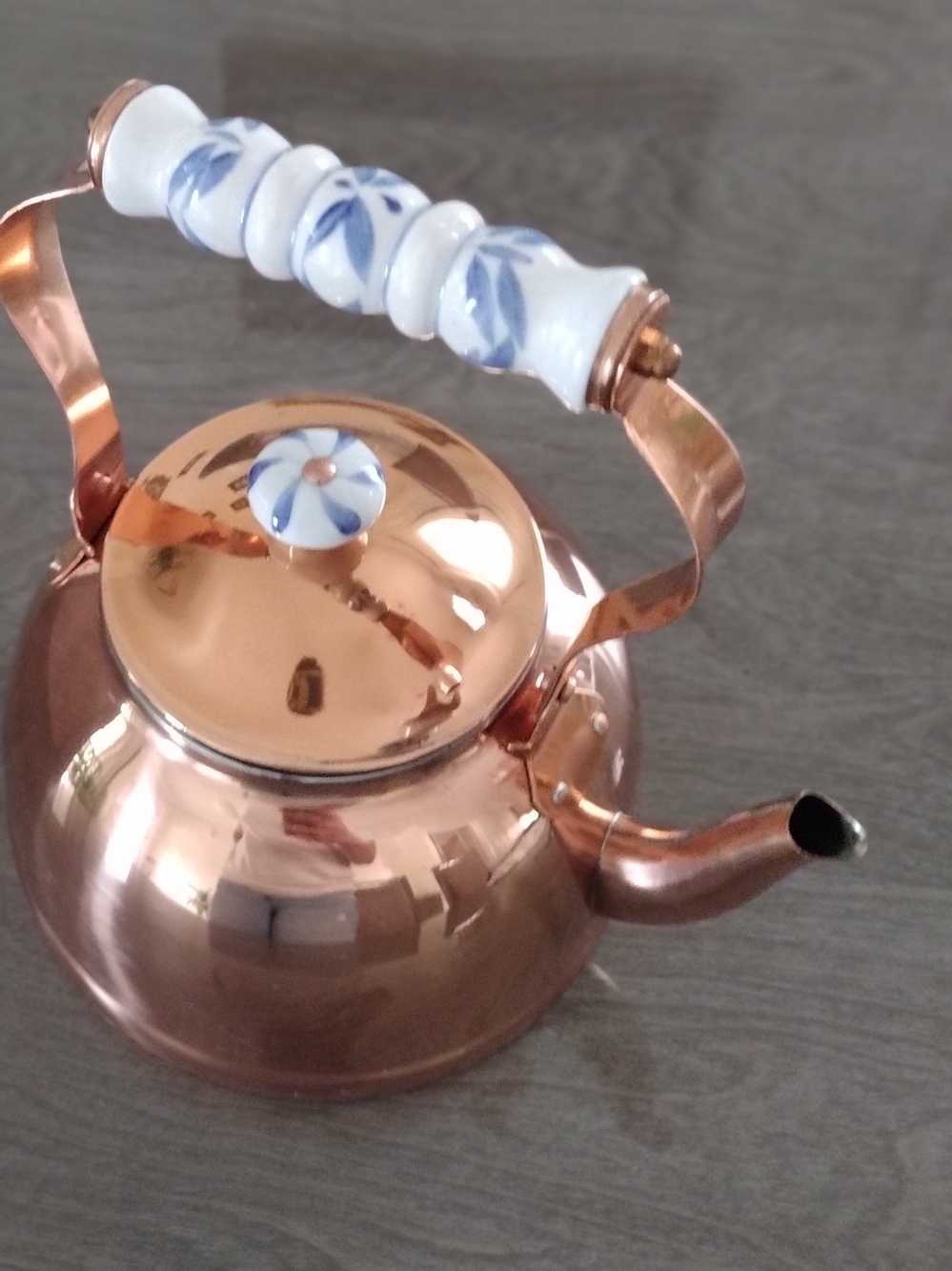 Vintage Style Copper Teakettle with White/Blue Floral Ceramic Handle